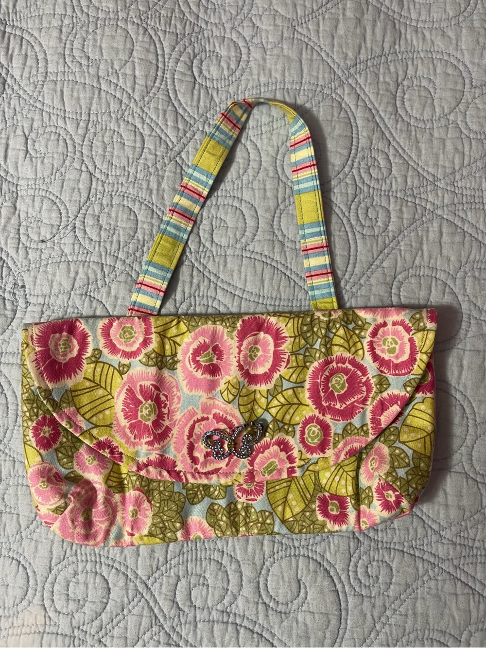 By Sew Chic Lovely Hand-sewn Pink & Green Floral and Striped Accent Purse.